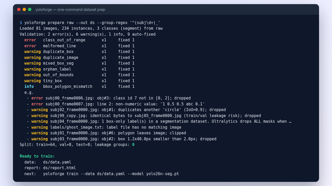 Terminal output of yoloforge prepare: validation errors and warnings auto-fixed, split train=64 val=8 test=8, leakage groups 0